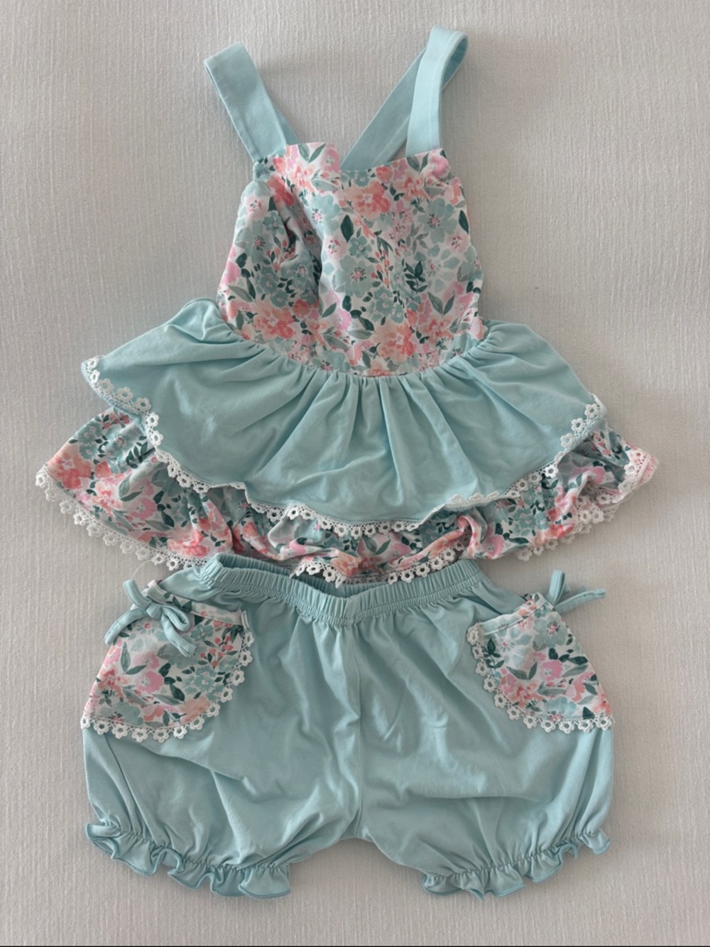 Busy Bee Smocked Aqua Floral Ruffle Dress with Bloomers